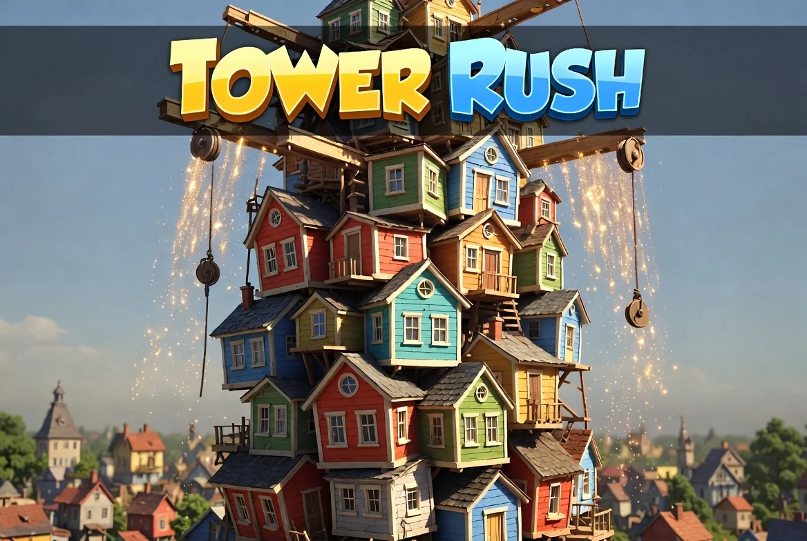 Tower Rush game logo above a towering stack of colourful houses